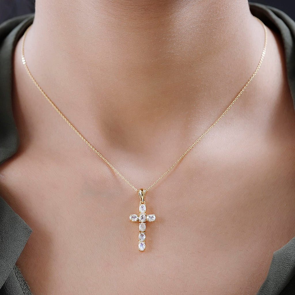 D'Joy - Rainbow Moonstone Cross Pendant with Chain (Size - 20) in 18K Vermeil Yellow Gold Plated Sterling Silver 1.10 Ct.