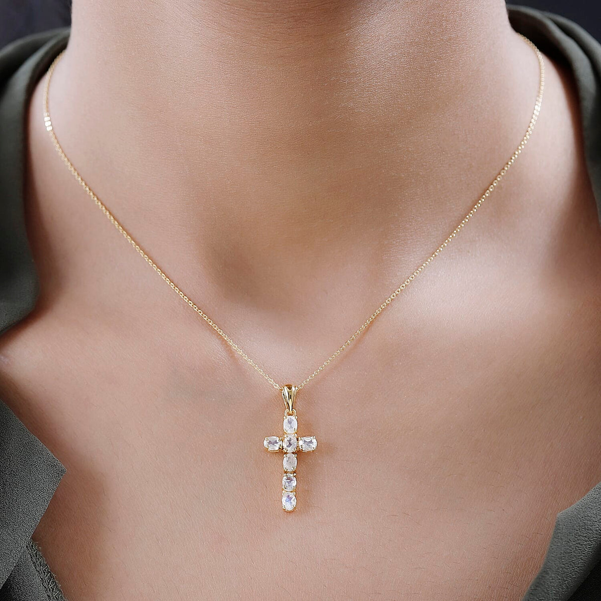 D'Joy - Rainbow Moonstone Cross Pendant with Chain (Size - 20) in 18K Vermeil Yellow Gold Plated Sterling Silver 1.10 Ct. V32518692 2
