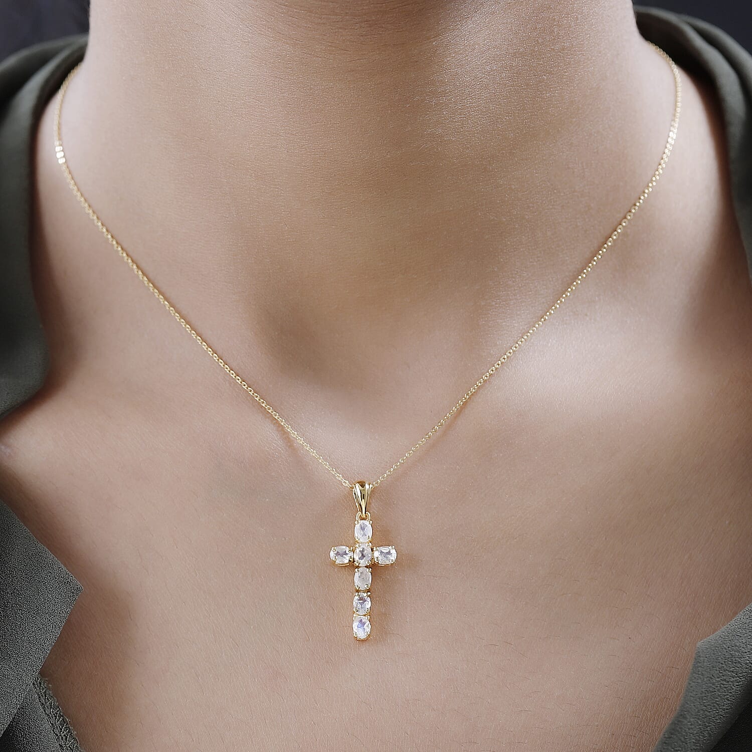 D'Joy - Rainbow Moonstone Cross Pendant with Chain (Size - 20) in 18K Vermeil Yellow Gold Plated Sterling Silver 1.10 Ct. V32518692 2