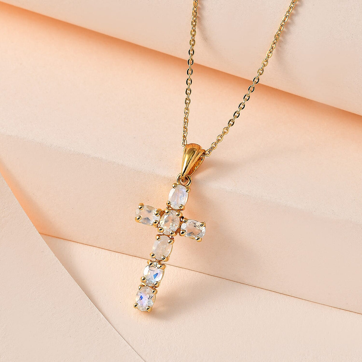 D'Joy - Rainbow Moonstone Cross Pendant with Chain (Size - 20) in 18K Vermeil Yellow Gold Plated Sterling Silver 1.10 Ct. V32518692 3