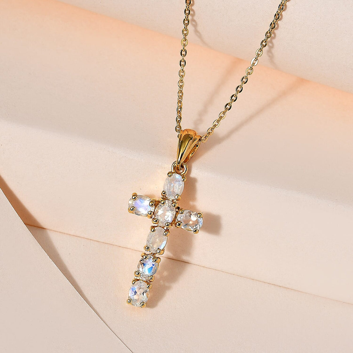 D'Joy - Rainbow Moonstone Cross Pendant with Chain (Size - 20) in 18K Vermeil Yellow Gold Plated Sterling Silver 1.10 Ct. V32518692 4