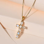 D'Joy - Rainbow Moonstone Cross Pendant with Chain (Size - 20) in 18K Vermeil Yellow Gold Plated Sterling Silver 1.10 Ct.
