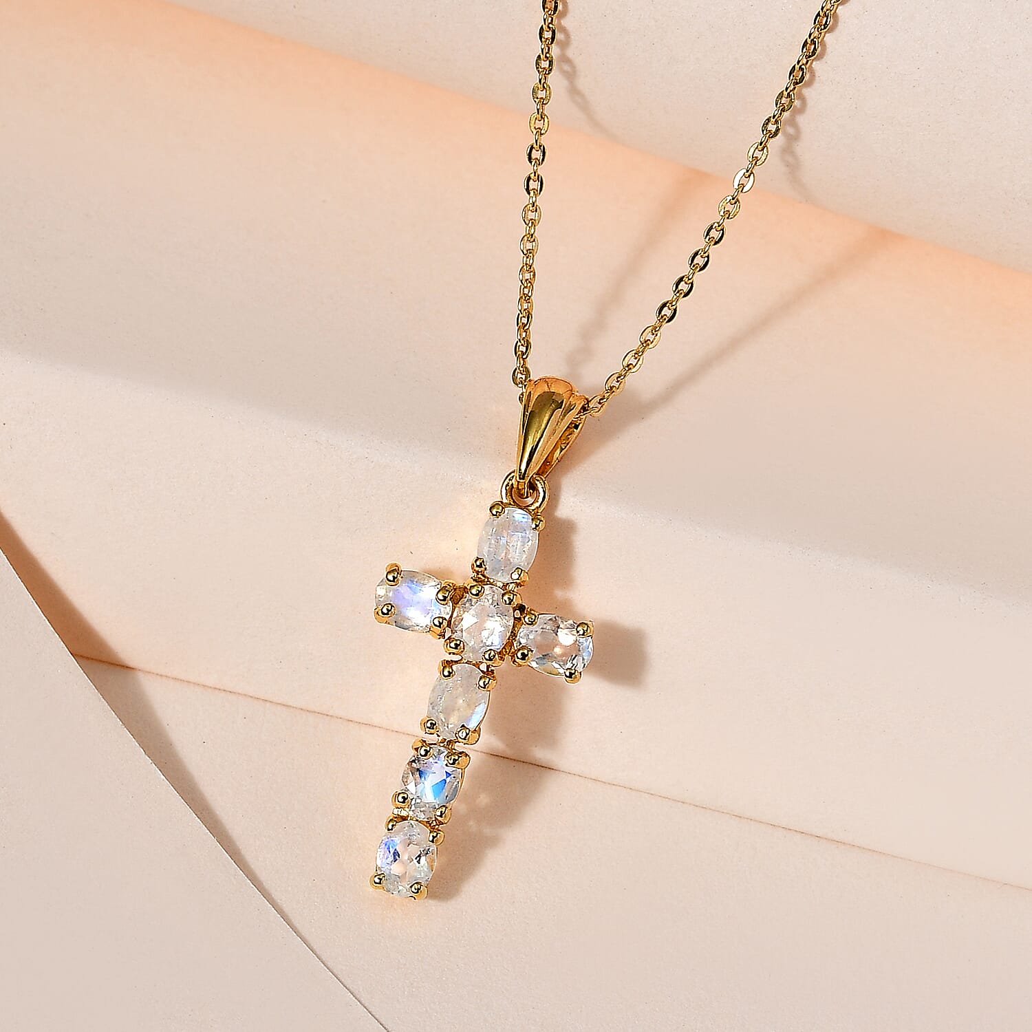 D'Joy - Rainbow Moonstone Cross Pendant with Chain (Size - 20) in 18K Vermeil Yellow Gold Plated Sterling Silver 1.10 Ct. V32518692 4