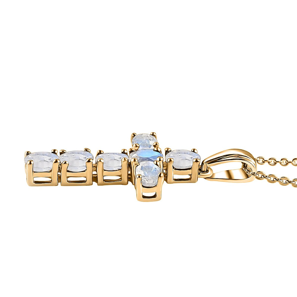 D'Joy - Rainbow Moonstone Cross Pendant with Chain (Size - 20) in 18K Vermeil Yellow Gold Plated Sterling Silver 1.10 Ct.
