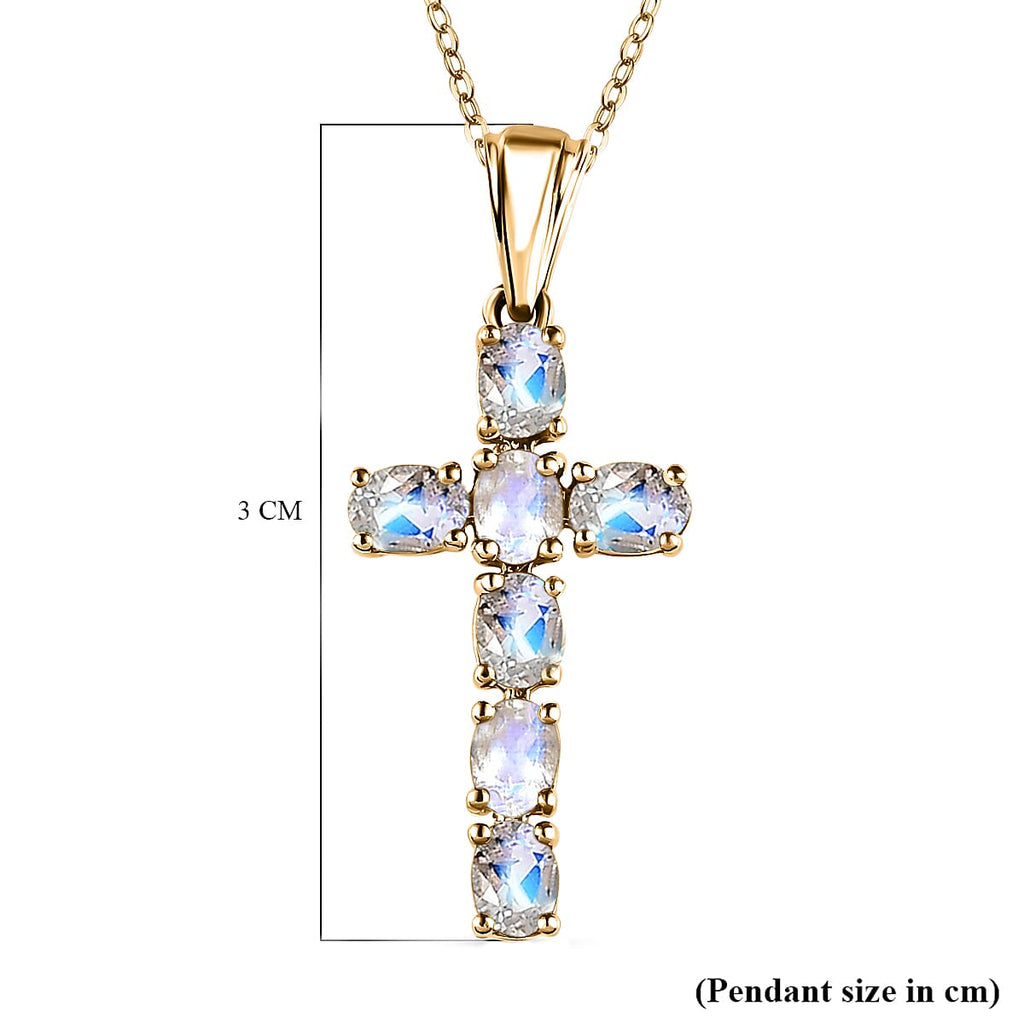 D'Joy - Rainbow Moonstone Cross Pendant with Chain (Size - 20) in 18K Vermeil Yellow Gold Plated Sterling Silver 1.10 Ct.
