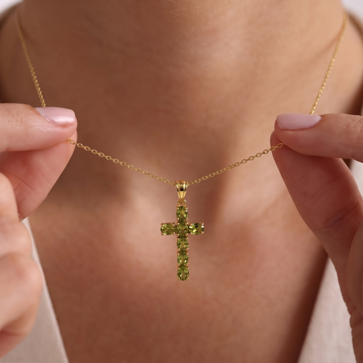 Hebei Peridot Cross Pendant with Chain (Size- 20 ) in 18K Vermeil Yellow Gold Plated Sterling Silver V32755964 5