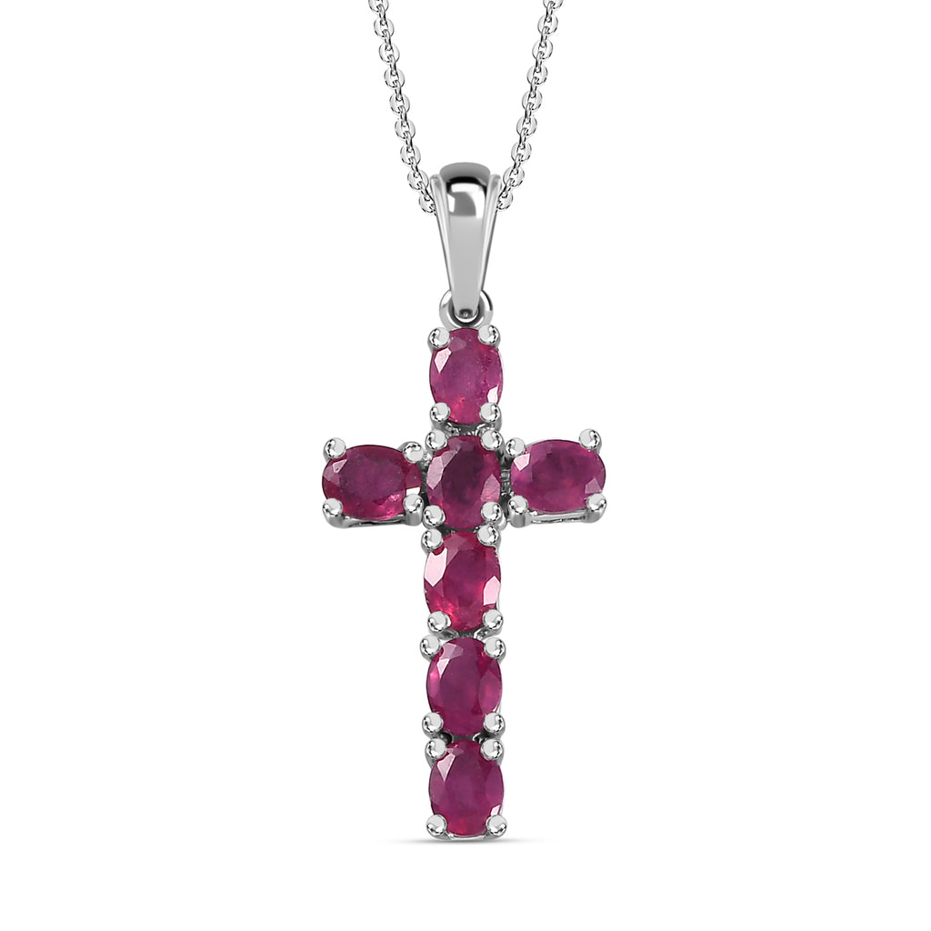 D'Joy - African Ruby Cross Pendant with Chain (Size-20) in Platinum Overlay Sterling Silver 1.78 Ct_4202896