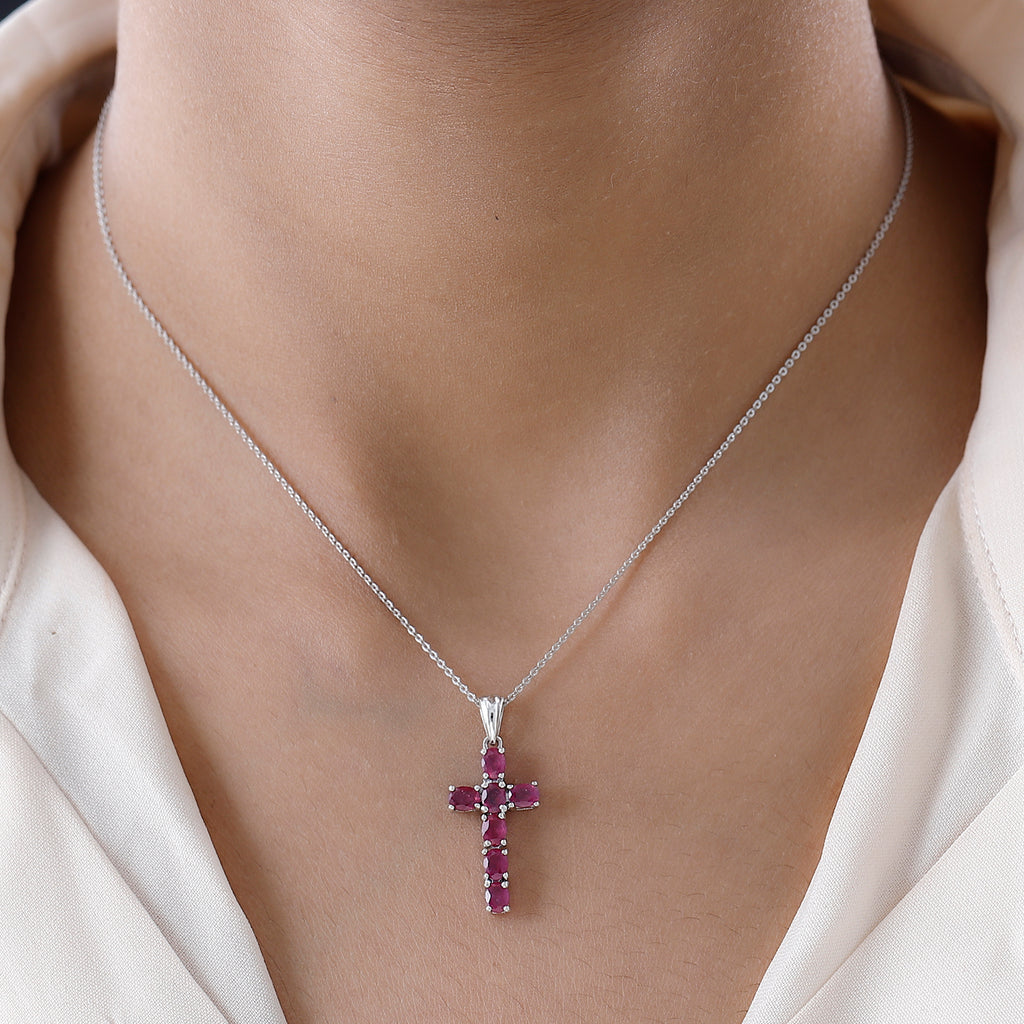 D'Joy - African Ruby Cross Pendant with Chain (Size-20) in Platinum Overlay Sterling Silver 1.78 Ct_4202896_1