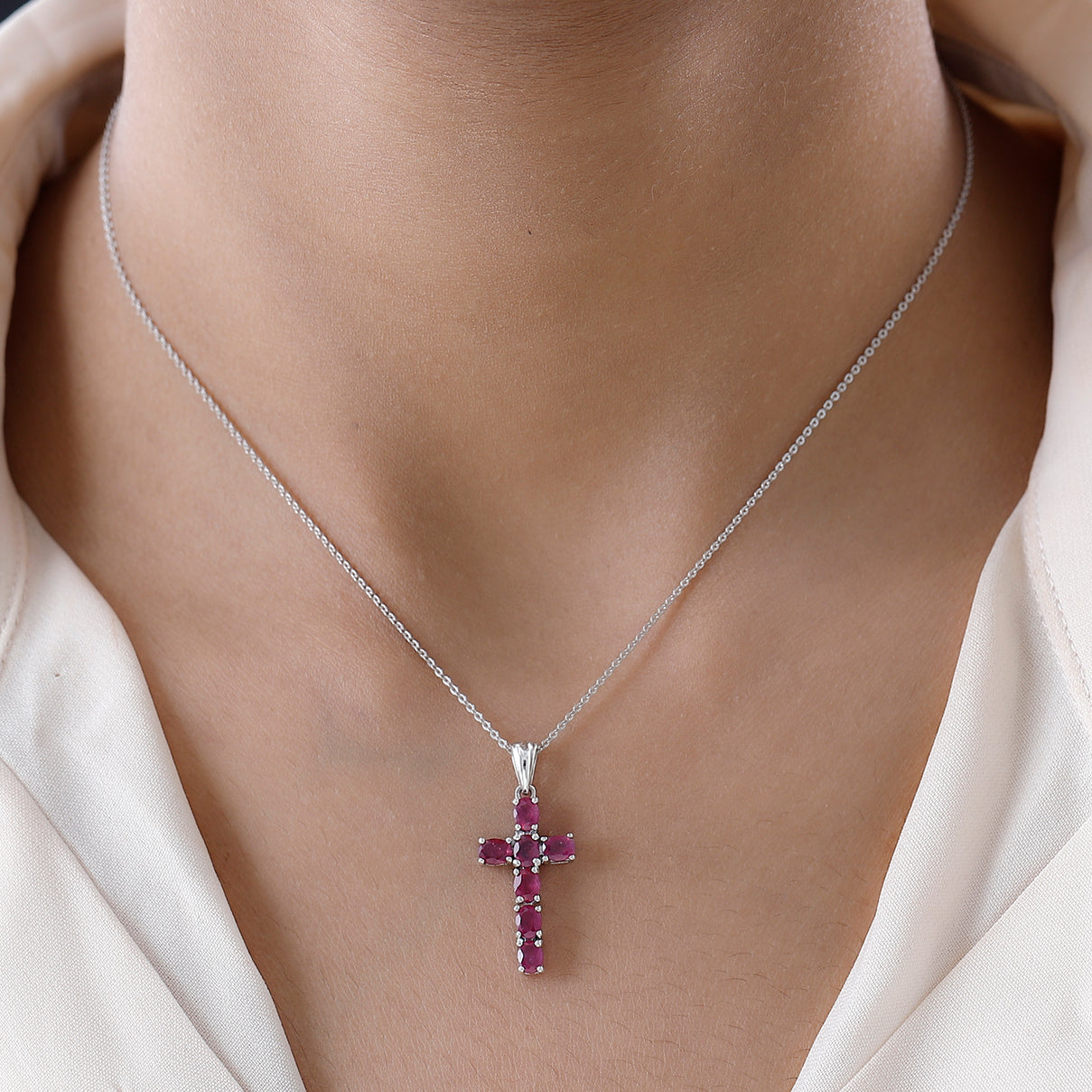 African Ruby Cross Pendant with Chain (Size 20 Inch) in Platinum Overlay Sterling Silver 4202896 2