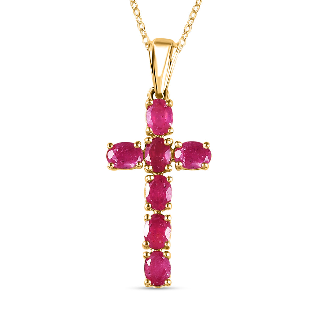 Royal Bali Collection - D'Joy African Ruby Cross Pendant with Chain (Size -20 ) in 18K Vermeil Yellow Gold Plated Sterling Silver 1.74 Ct._4202897