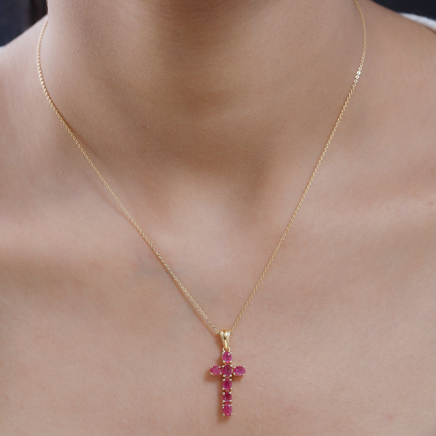 African Ruby Cross Pendant with Chain (Size 20 Inch) in 18K Vermeil Yellow Gold Plated Sterling Silver 4202897 2