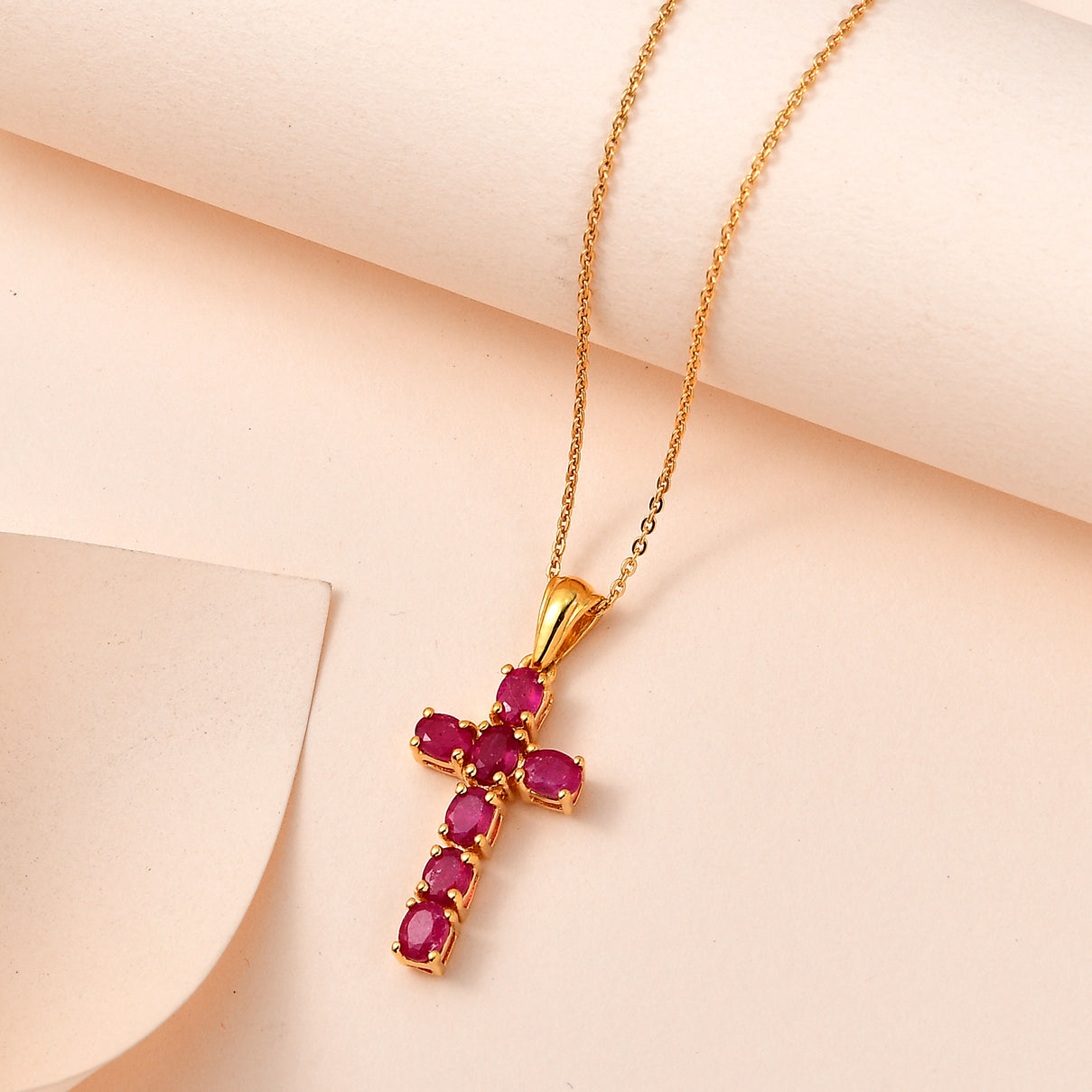 African Ruby Cross Pendant with Chain (Size 20 Inch) in 18K Vermeil Yellow Gold Plated Sterling Silver 4202897 3