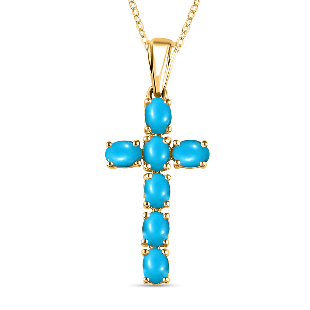 D'Joy - Arizona Sleeping Beauty Turquoise Cross Pendant with Chain (Size - 20 ) in 18K Vermeil Yellow Gold Plated Sterling Silver 1.10 Ct_4203288