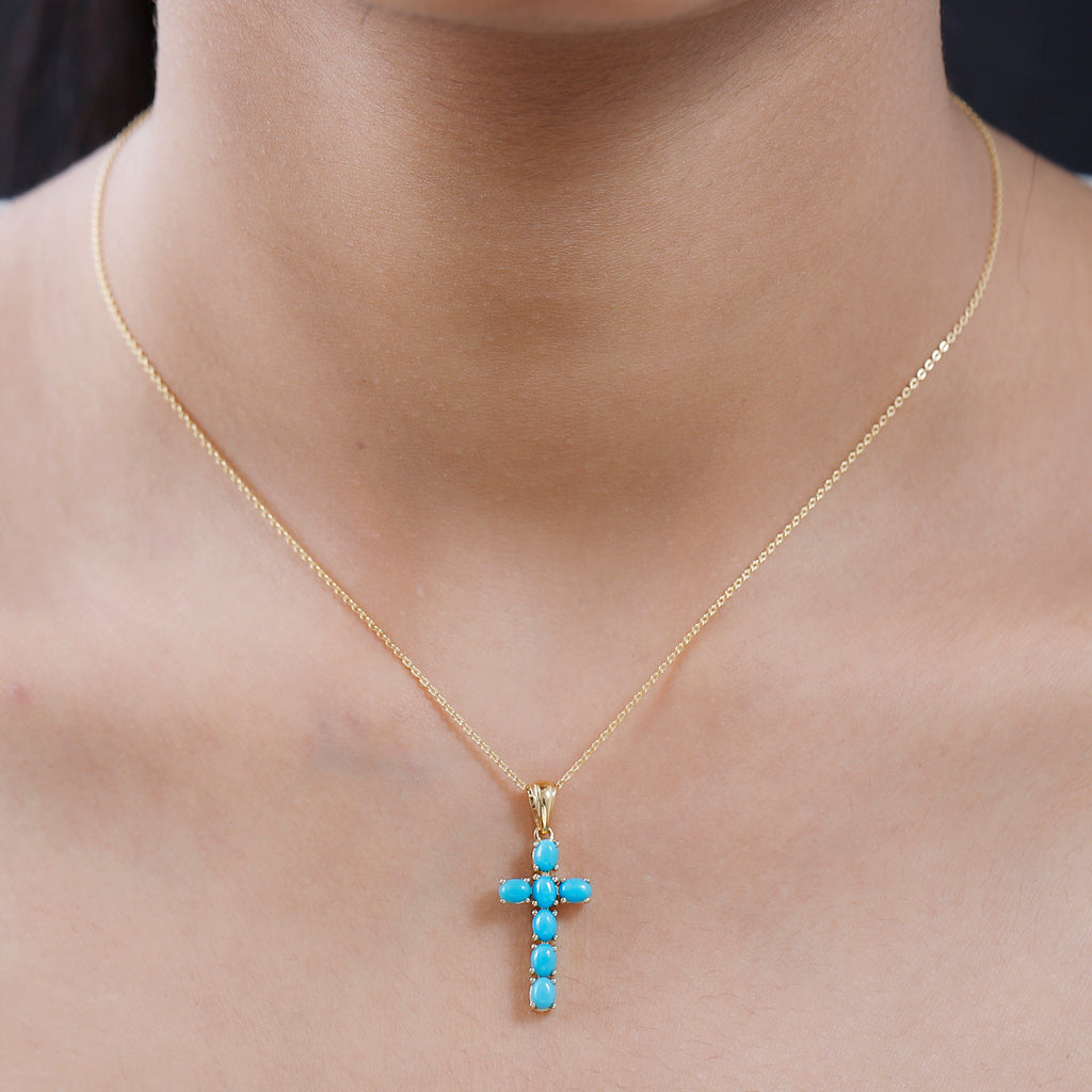 D'Joy - Arizona Sleeping Beauty Turquoise Cross Pendant with Chain (Size - 20 ) in 18K Vermeil Yellow Gold Plated Sterling Silver 1.10 Ct_4203288_1