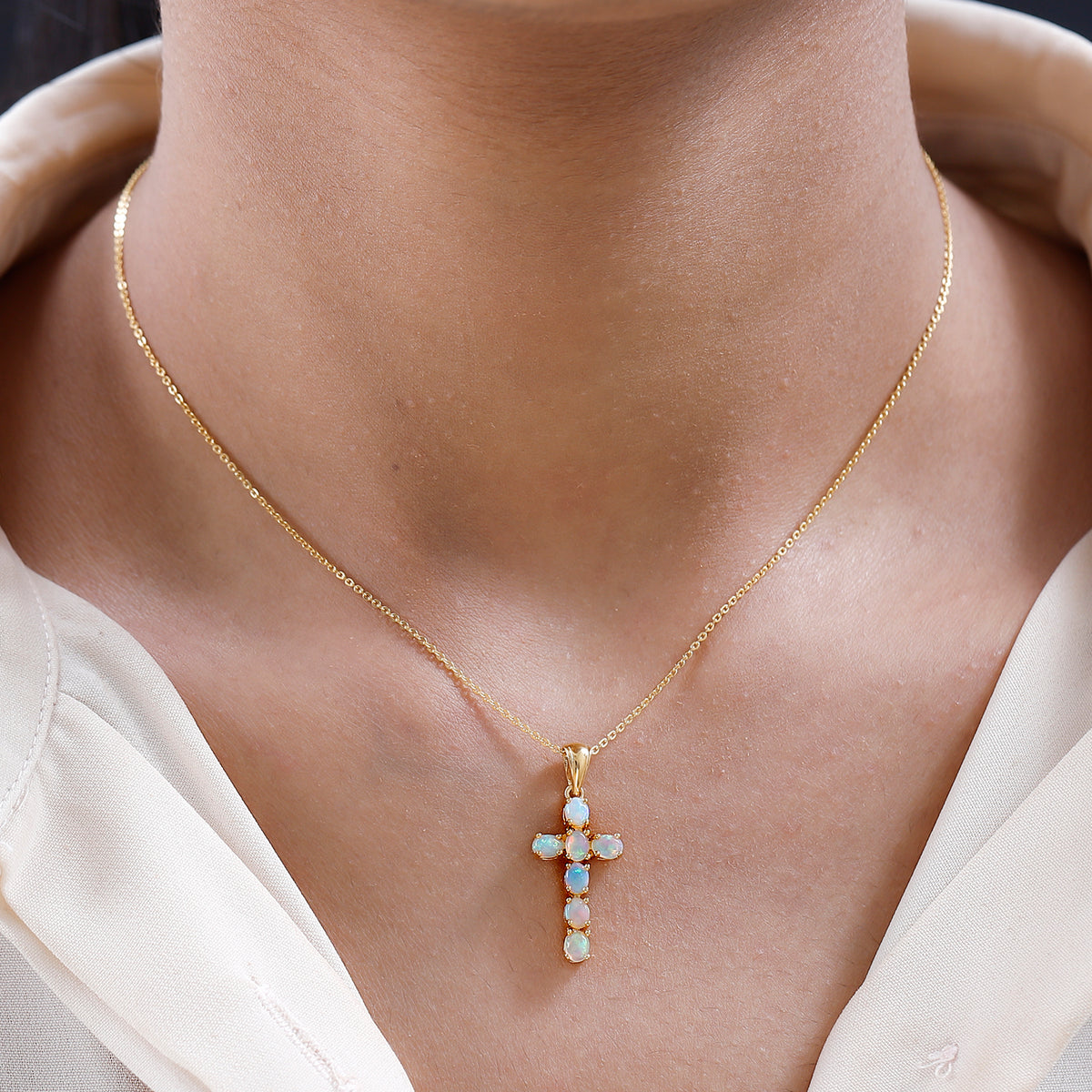 Ethiopian Opal Cross Pendant with Chain (Size 20 Inch) in 18K Vermeil Yellow Gold Sterling Silver 4203290 2