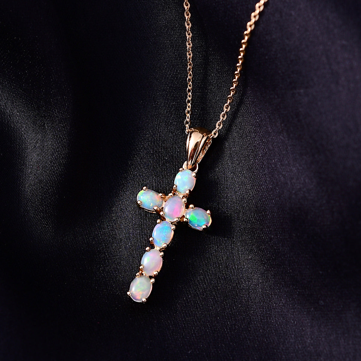 Ethiopian Opal Cross Pendant with Chain (Size 20 Inch) in 18K Vermeil Yellow Gold Sterling Silver 4203290 4