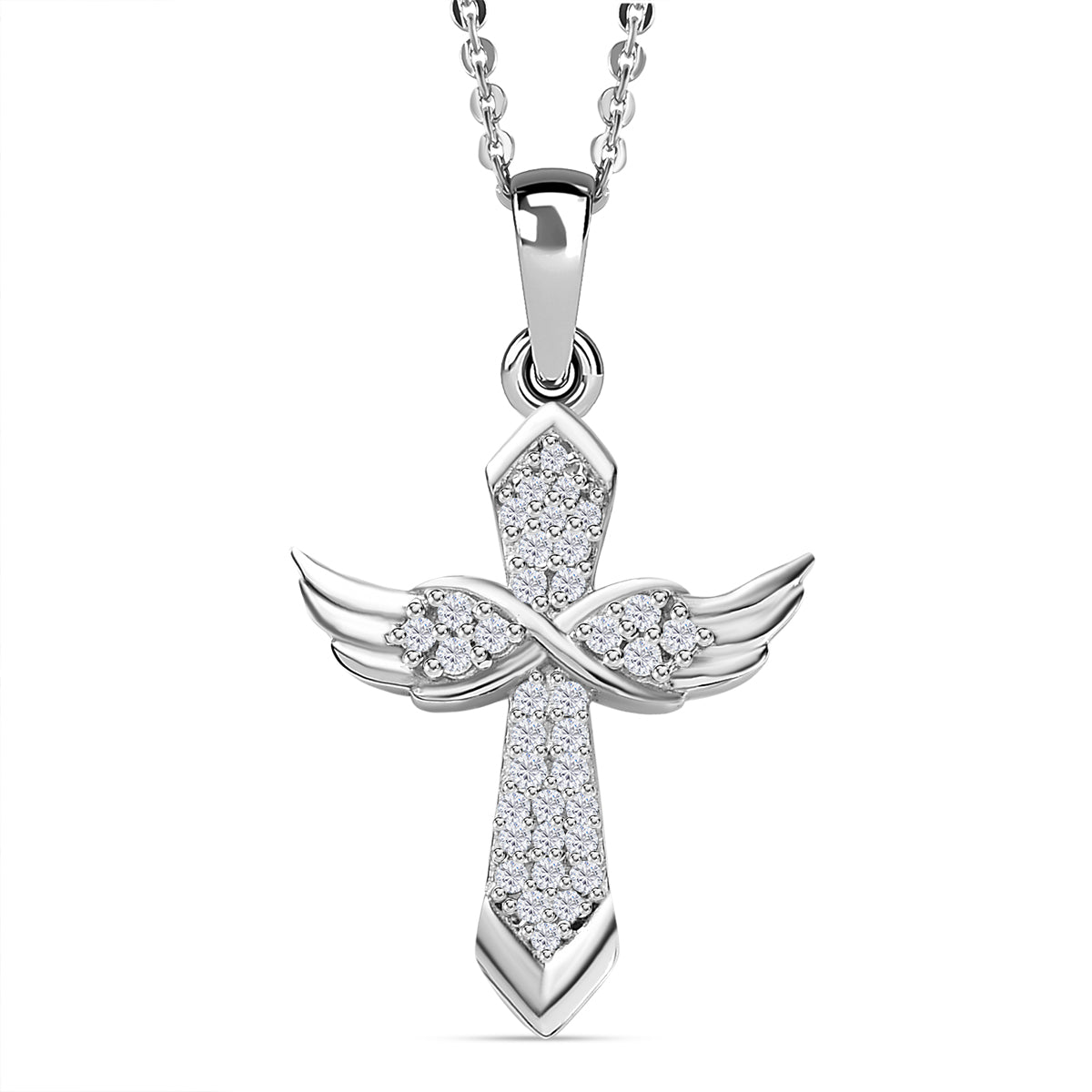 D'Joy Moissanite Angel Wings Pendant with Chain (Size 20) in Platinum Overlay Sterling Silver V32621265 0