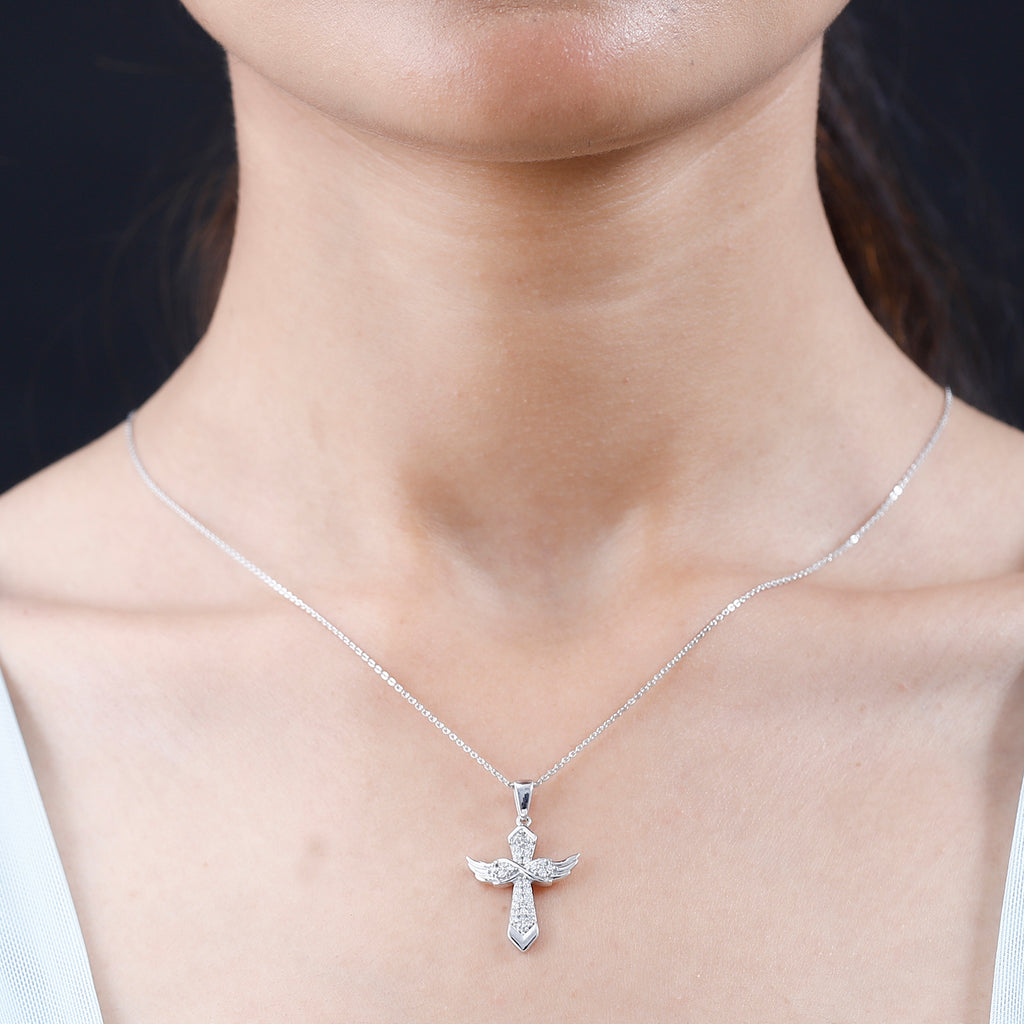 Royal Bali Collection - D'Joy Moissanite Angel Wings Pendant with Chain (Size 20) in Platinum Overlay Sterling Silver_4219079_1