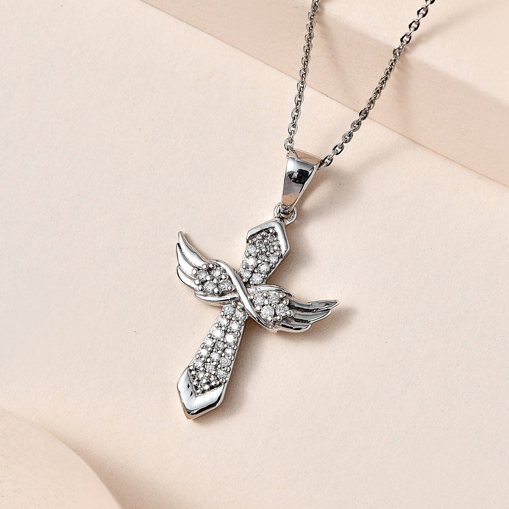 Royal Bali Collection - D'Joy Moissanite Angel Wings Pendant with Chain (Size 20) in Platinum Overlay Sterling Silver_4219079_2