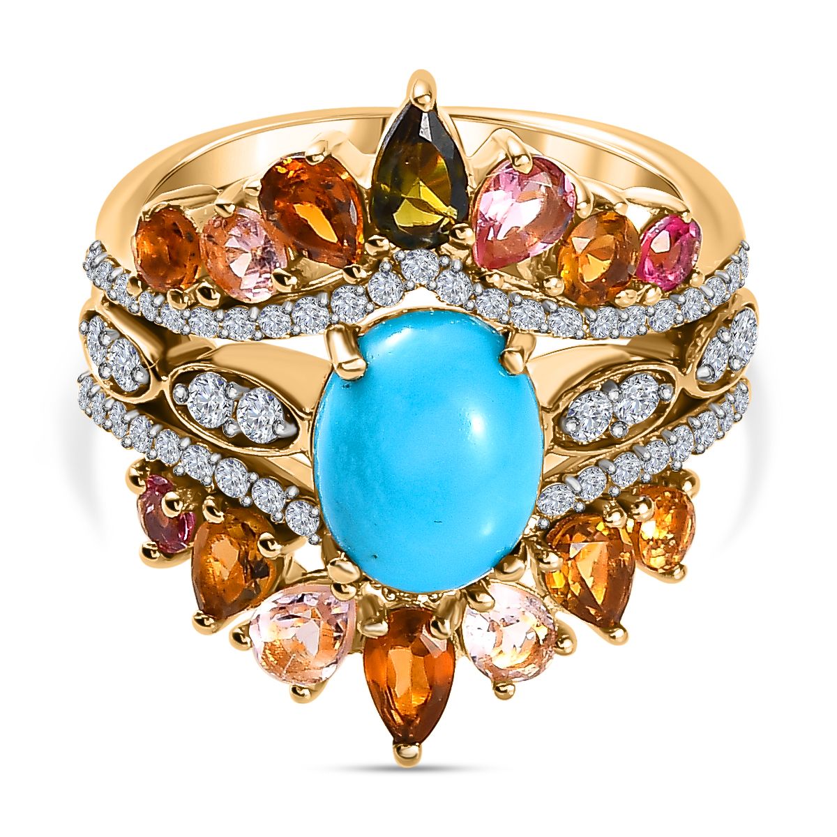 Set of 3 -  Multi-Tourmaline  Sleeping Beauty Turquoise,  White Zircon Stackable Ring in Vermeil YG Sterling Silver 3.54 ct  Silver Wt. 8.4 Gms  5.580  Ct. 4231376 7