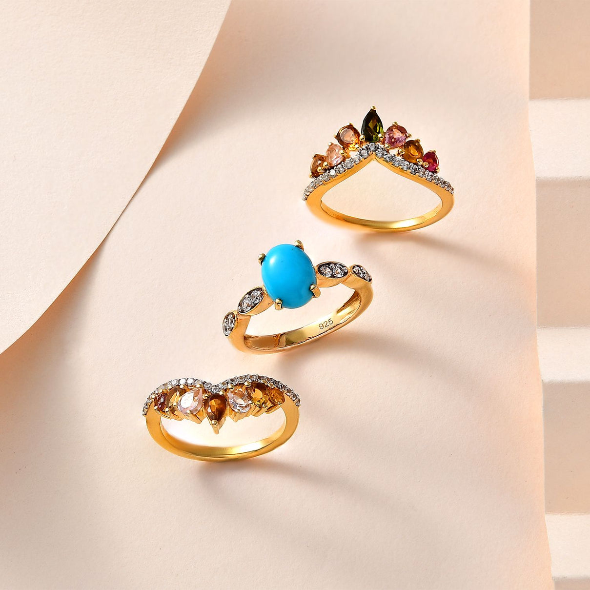Set of 3 -  Multi-Tourmaline  Sleeping Beauty Turquoise,  White Zircon Stackable Ring in Vermeil YG Sterling Silver 3.54 ct  Silver Wt. 8.4 Gms  5.580  Ct. 4231376 8