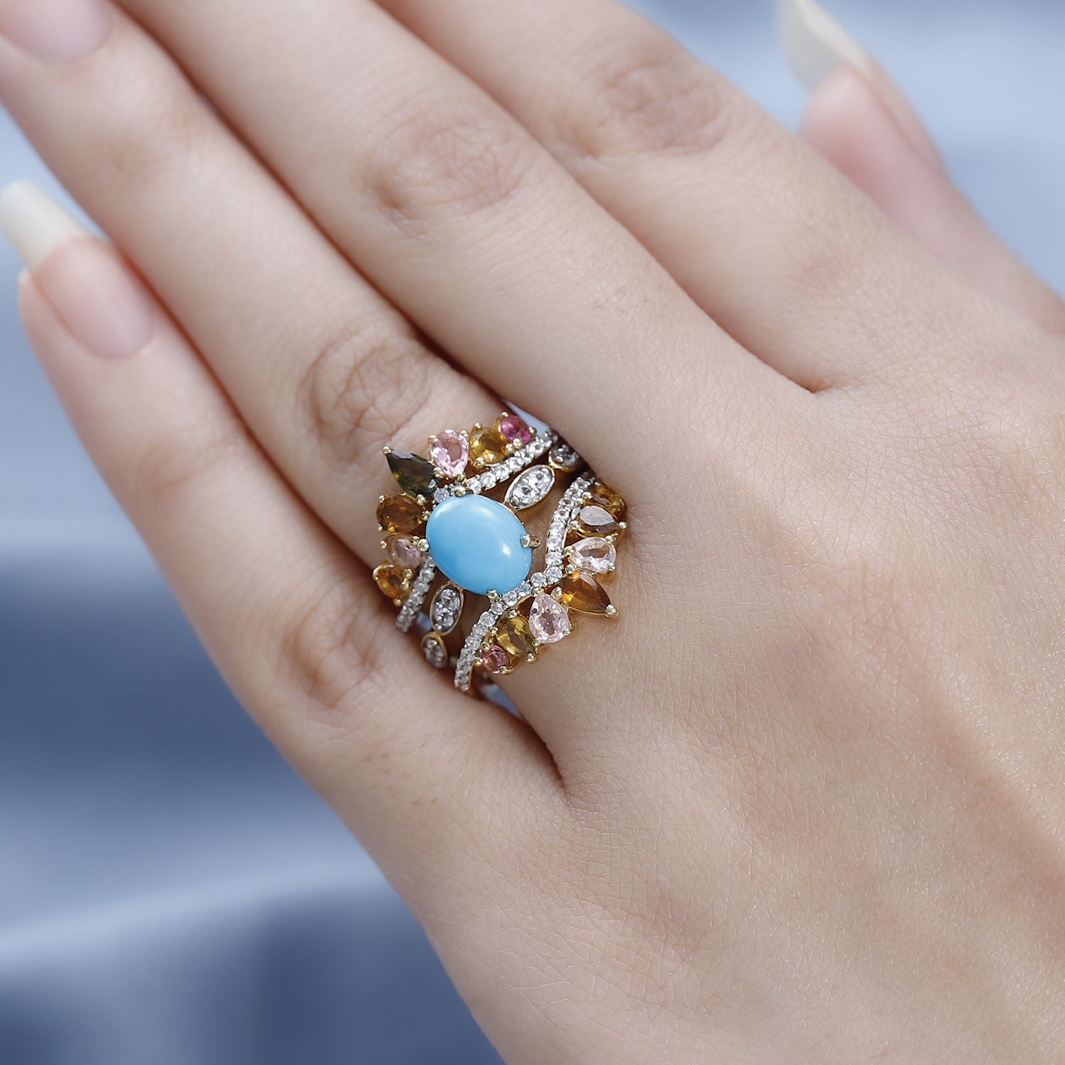 Set of 3 -  Multi-Tourmaline  Sleeping Beauty Turquoise,  White Zircon Stackable Ring in Vermeil YG Sterling Silver 3.54 ct  Silver Wt. 8.4 Gms  5.580  Ct. 4231376 9