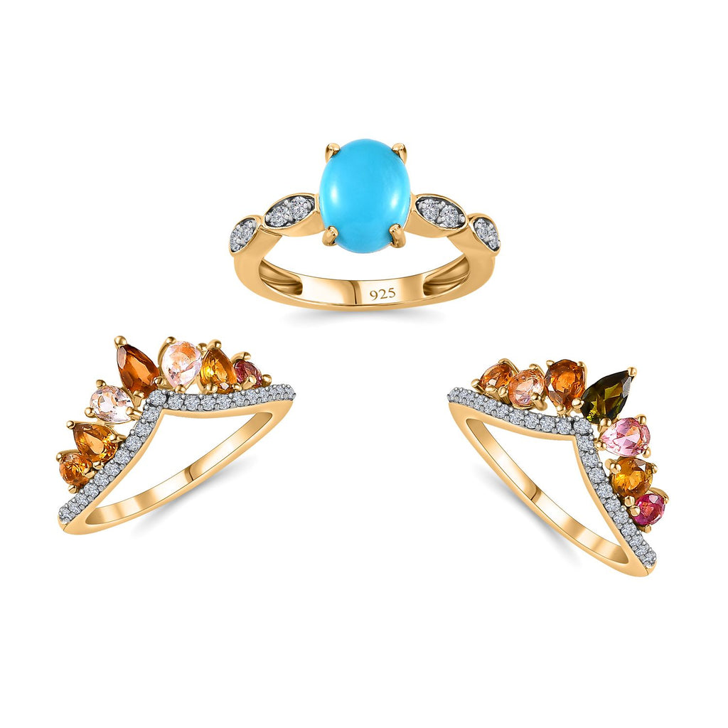 Set of 3 - Arizona Sleeping Beauty Turquoise, Multi-Tourmaline & Natural Zircon Stackable Ring in 18K Vermeil Yellow Gold Plated Sterling Silver 4.16 Ct, Silver Wt 7.14 Gms._4231376_3