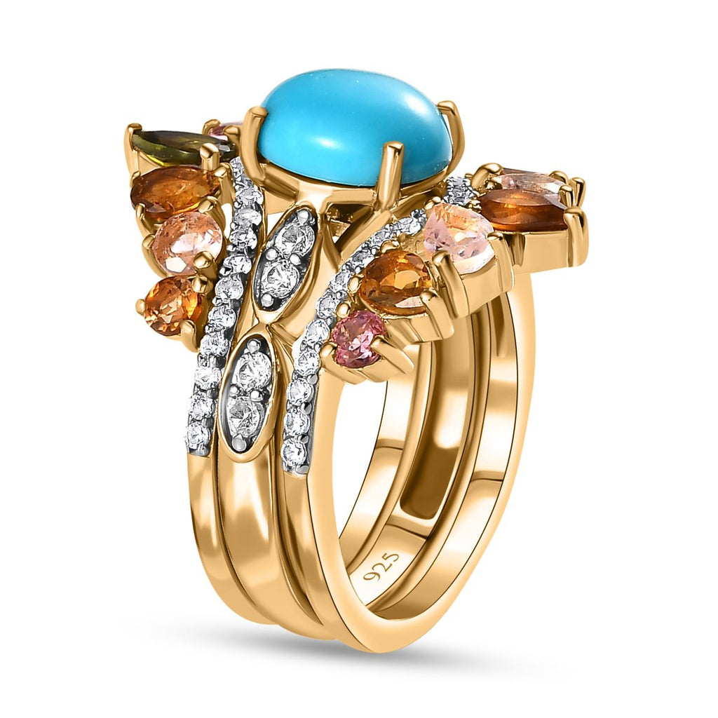 Set of 3 - Arizona Sleeping Beauty Turquoise, Multi-Tourmaline & Natural Zircon Stackable Ring in 18K Vermeil Yellow Gold Plated Sterling Silver 4.16 Ct, Silver Wt 7.14 Gms._4231376_4