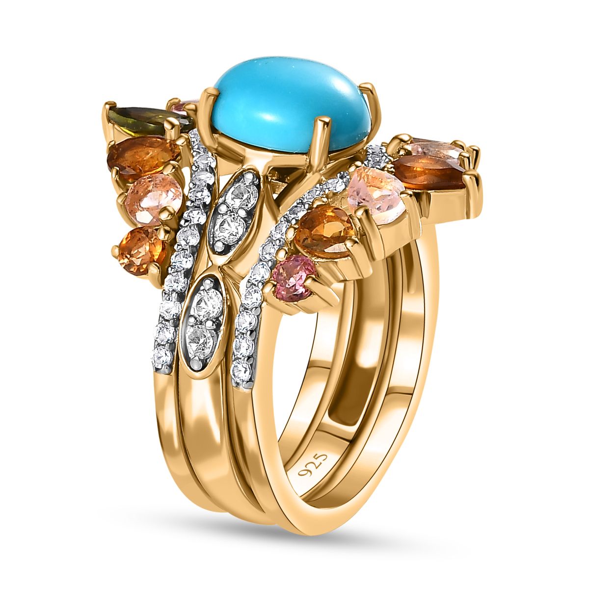Set of 3 -  Multi-Tourmaline  Sleeping Beauty Turquoise,  White Zircon Stackable Ring in Vermeil YG Sterling Silver 3.54 ct  Silver Wt. 8.4 Gms  5.580  Ct. 4231376 11