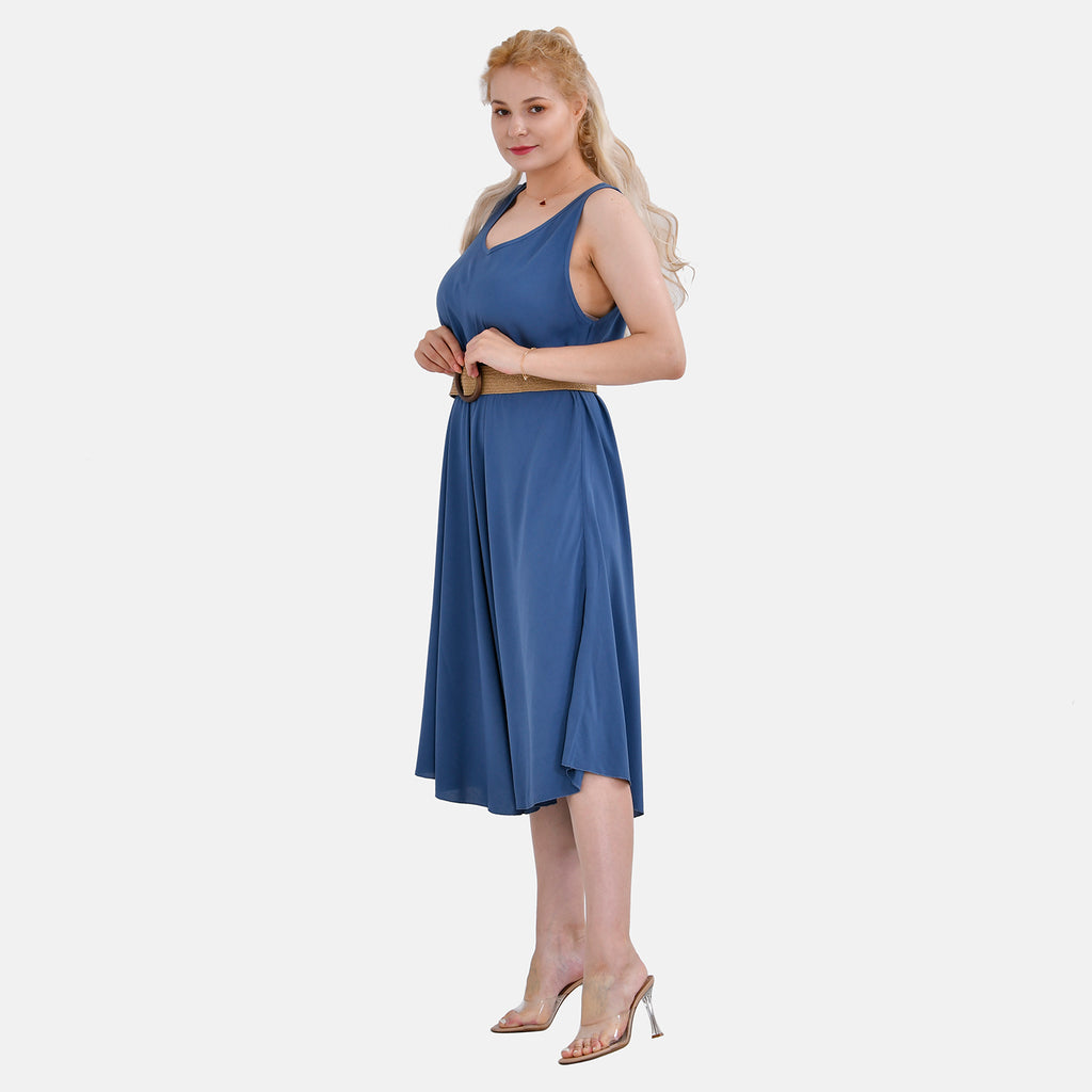 Tamsy Umbrella Dress with Elasticated Belt - Curve Size (20 to 26)  - Blue_4246907_2