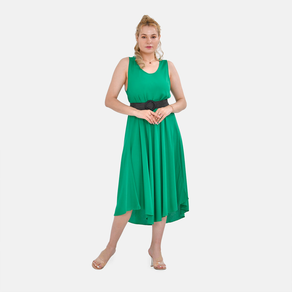 100% Viscose Printed Umbrella Dress with Elasticated Belt (Curve Size - 20 to 26) - Green With Black Belt_4247341_3