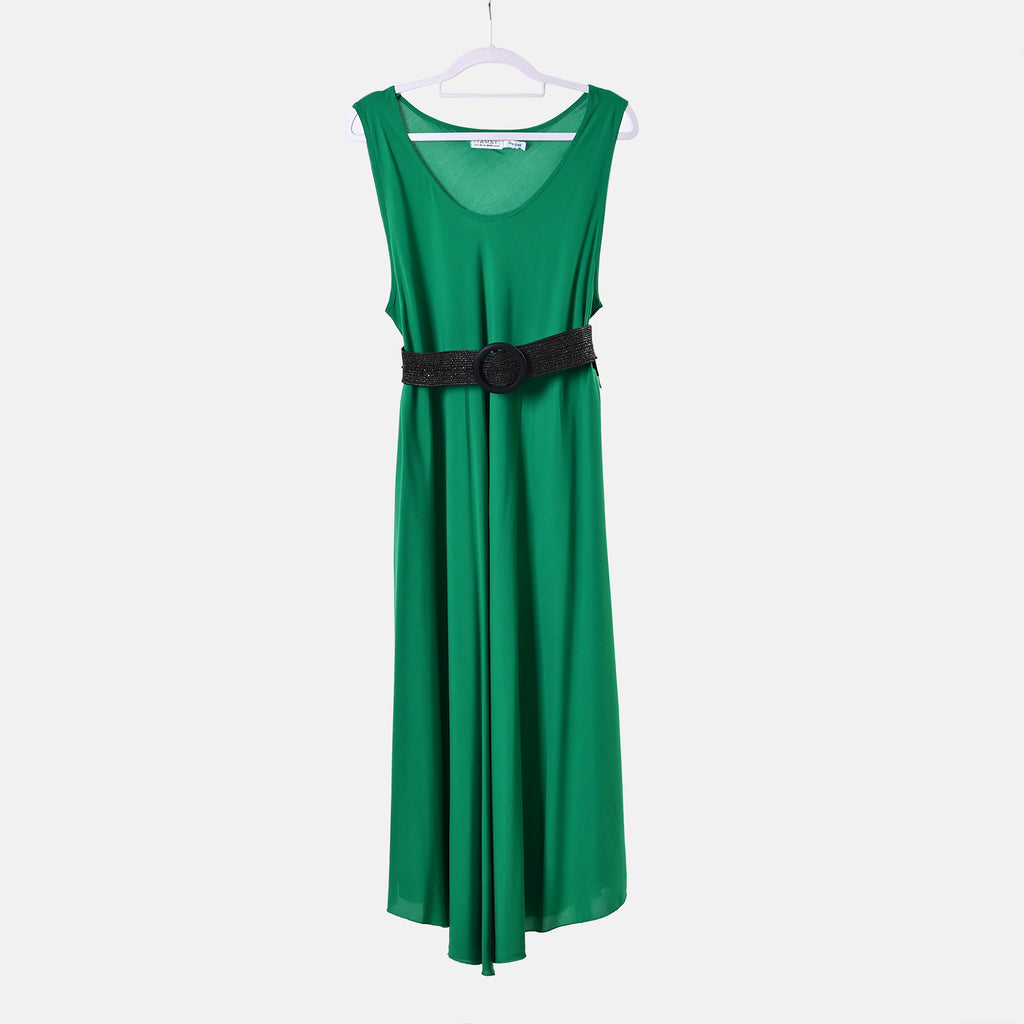 100% Viscose Printed Umbrella Dress with Elasticated Belt (Curve Size - 20 to 26) - Green With Black Belt_4247341_6
