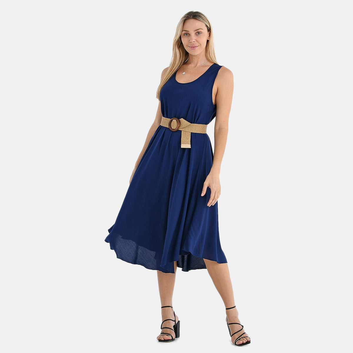 Tamsy - 100% Viscose Navy Umbrella Dress with Belt(Curve Size 20-26) - Navy V32565969 0