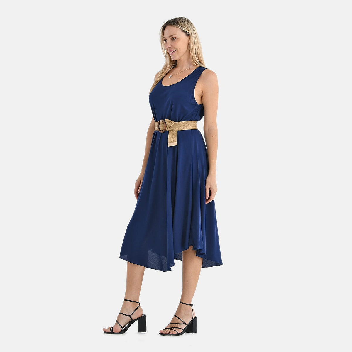 Tamsy - 100% Viscose Navy Umbrella Dress with Belt(Curve Size 20-26) - Navy V32565969 2