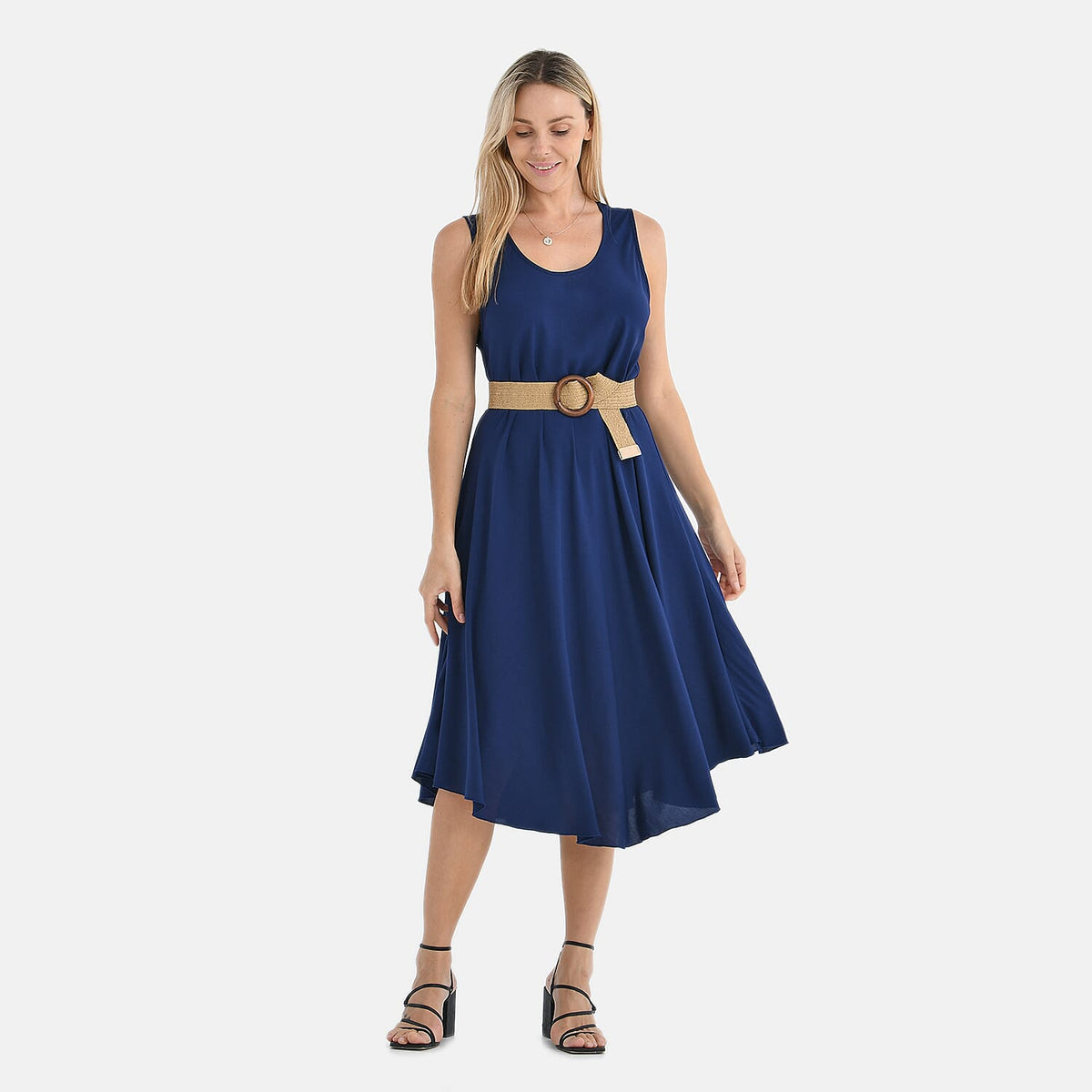 Tamsy - 100% Viscose Navy Umbrella Dress with Belt(Curve Size 20-26) - Navy V32565969 3
