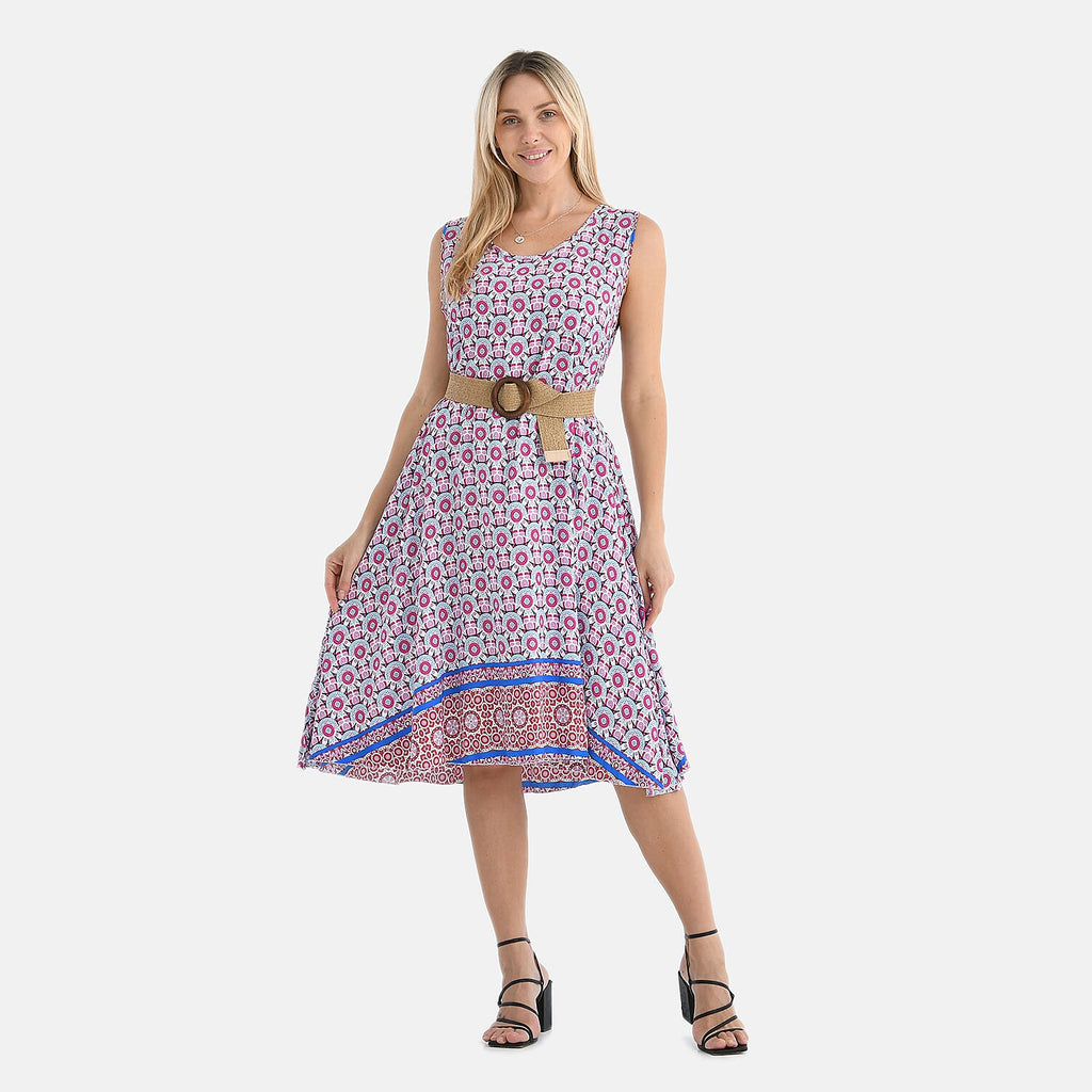 Tamsy - 100% Viscose Pink Flower Pattern Umbrella Dress with Belt (Curve Size 20-26) - Pink_4247646