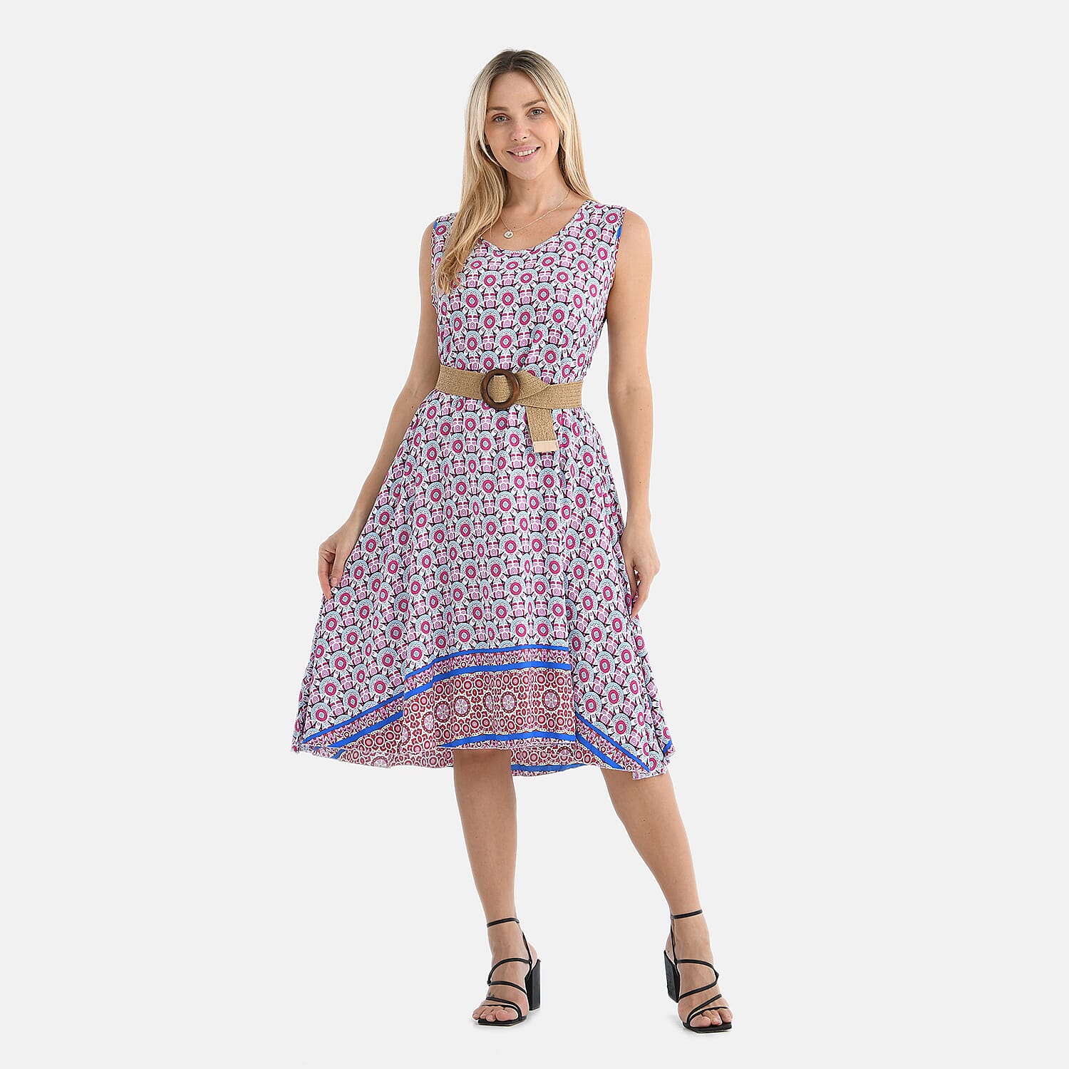 Tamsy - 100% Viscose Pink Flower Pattern Umbrella Dress with Belt (Curve Size 20-26) - Pink V32530785 0