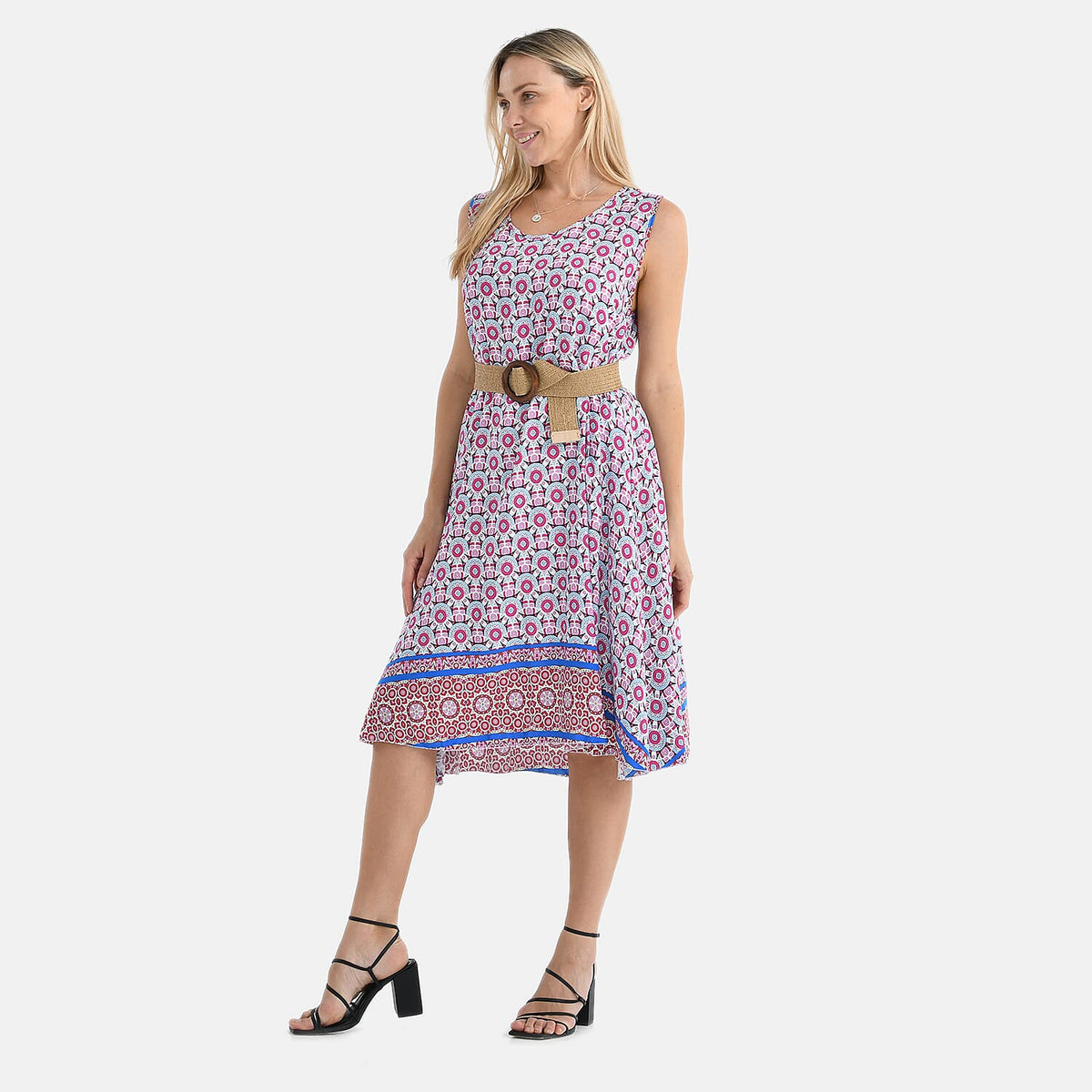 Tamsy - 100% Viscose Pink Flower Pattern Umbrella Dress with Belt (Curve Size 20-26) - Pink V32530785 3