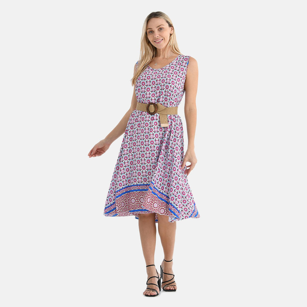 Tamsy - 100% Viscose Pink Flower Pattern Umbrella Dress with Belt (Curve Size 20-26) - Pink_4247646_3