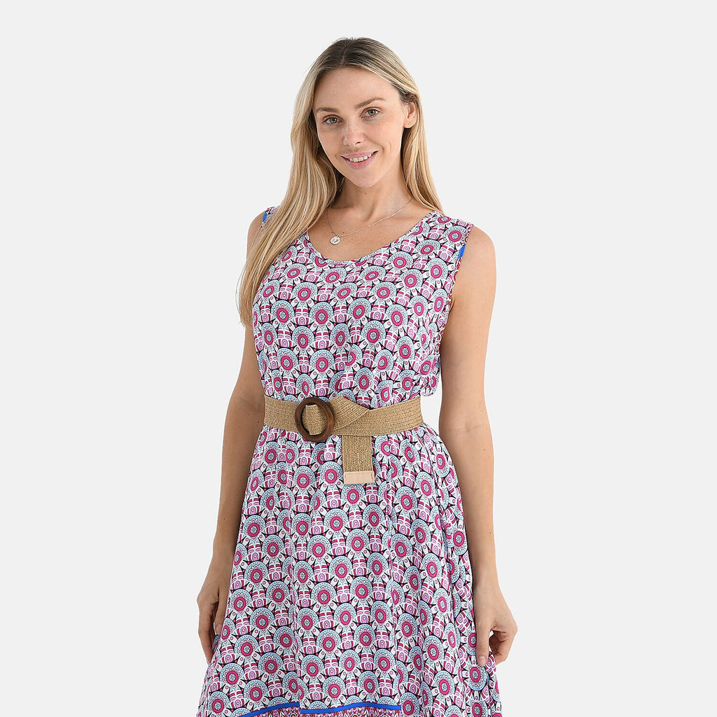 Tamsy - 100% Viscose Pink Flower Pattern Umbrella Dress with Belt (Curve Size 20-26) - Pink_4247646_4