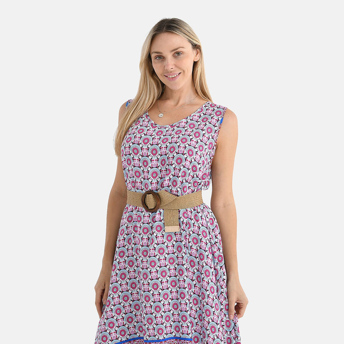 Tamsy - 100% Viscose Pink Flower Pattern Umbrella Dress with Belt (Curve Size 20-26) - Pink V32530785 5