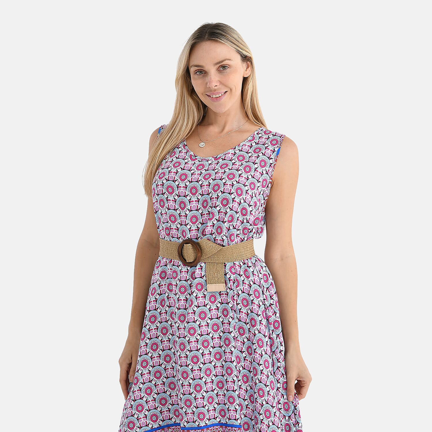 Tamsy - 100% Viscose Pink Flower Pattern Umbrella Dress with Belt (Curve Size 20-26) - Pink V32530785 5