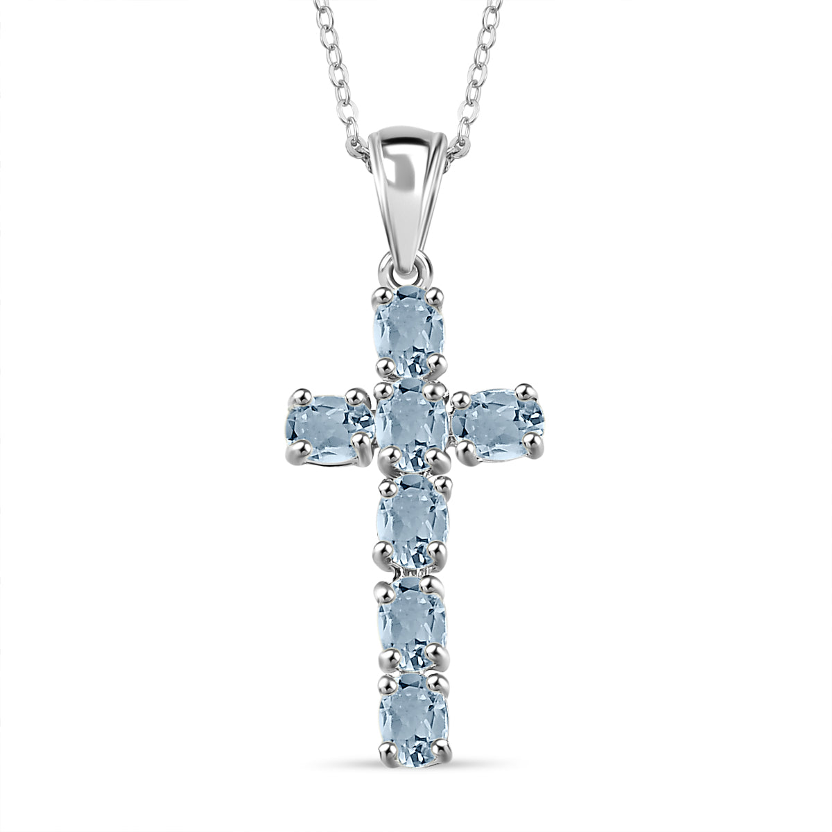 D'Joy - Aquamarine Cross Pendant with Chain (Size 20) in Platinum Overlay Sterling Silver 4267159 0