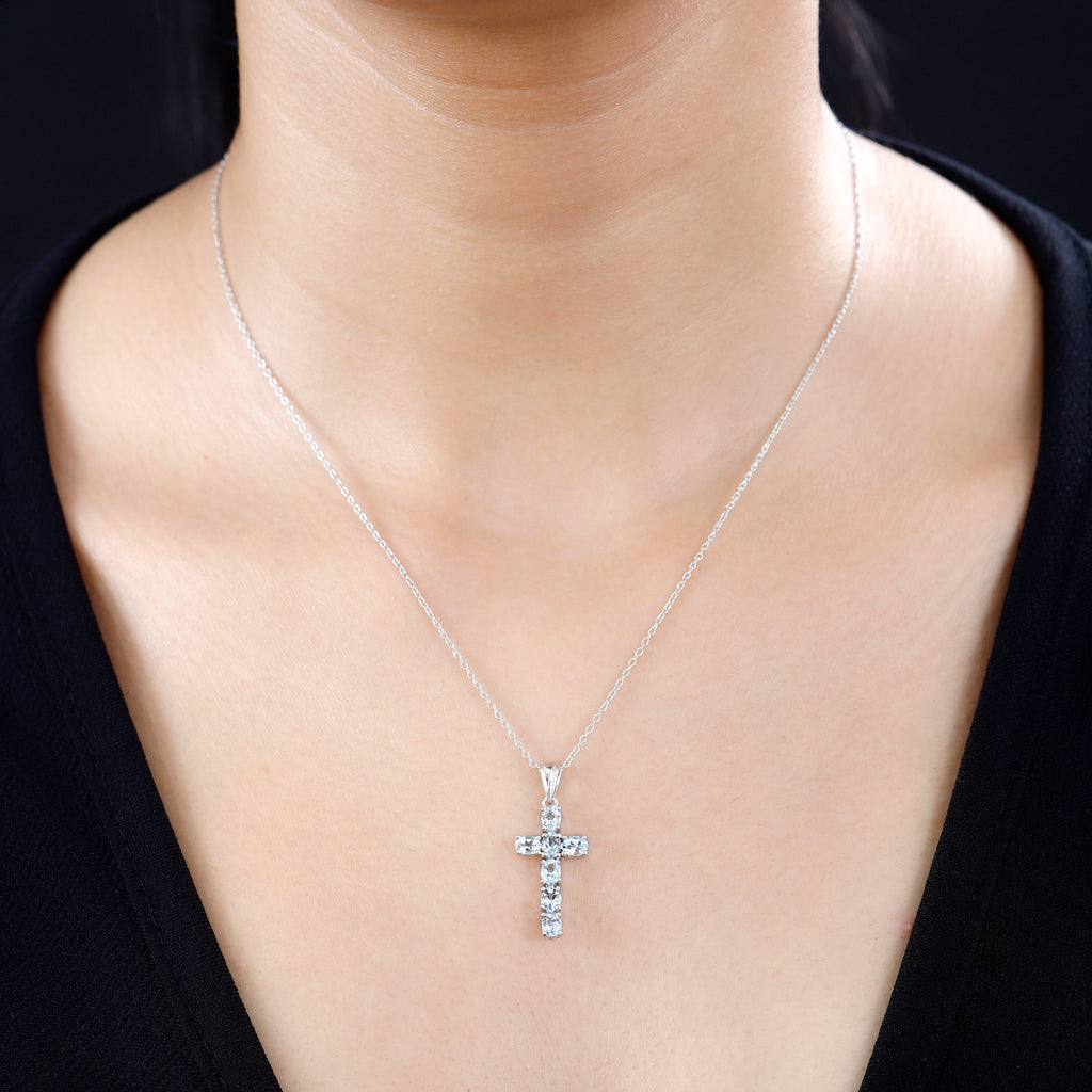 D'Joy - Aquamarine Cross Pendant with Chain (Size 20) in Platinum Overlay Sterling Silver_4267159_1