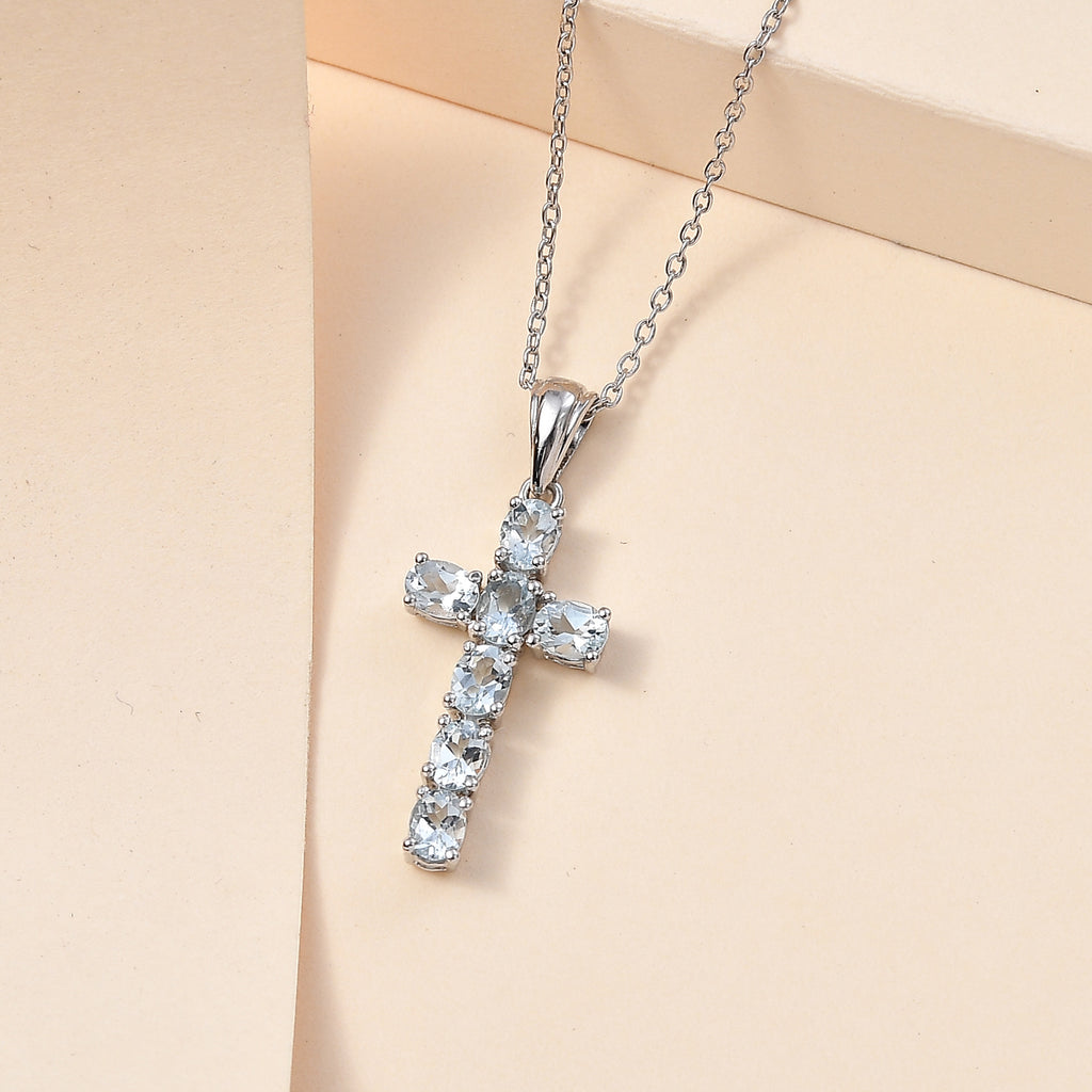 D'Joy - Aquamarine Cross Pendant with Chain (Size 20) in Platinum Overlay Sterling Silver_4267159_2