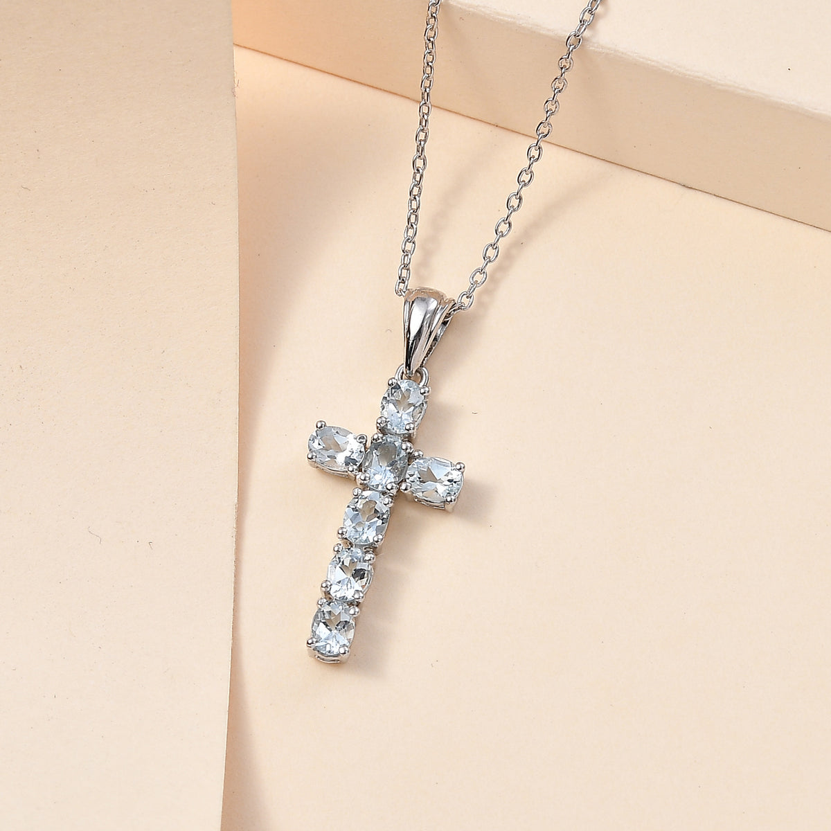 D'Joy - Aquamarine Cross Pendant with Chain (Size 20) in Platinum Overlay Sterling Silver 4267159 3