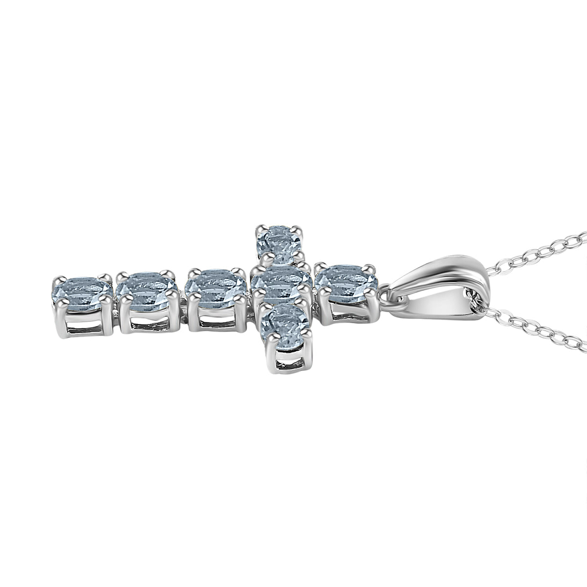 D'Joy - Aquamarine Cross Pendant with Chain (Size 20) in Platinum Overlay Sterling Silver 4267159 4