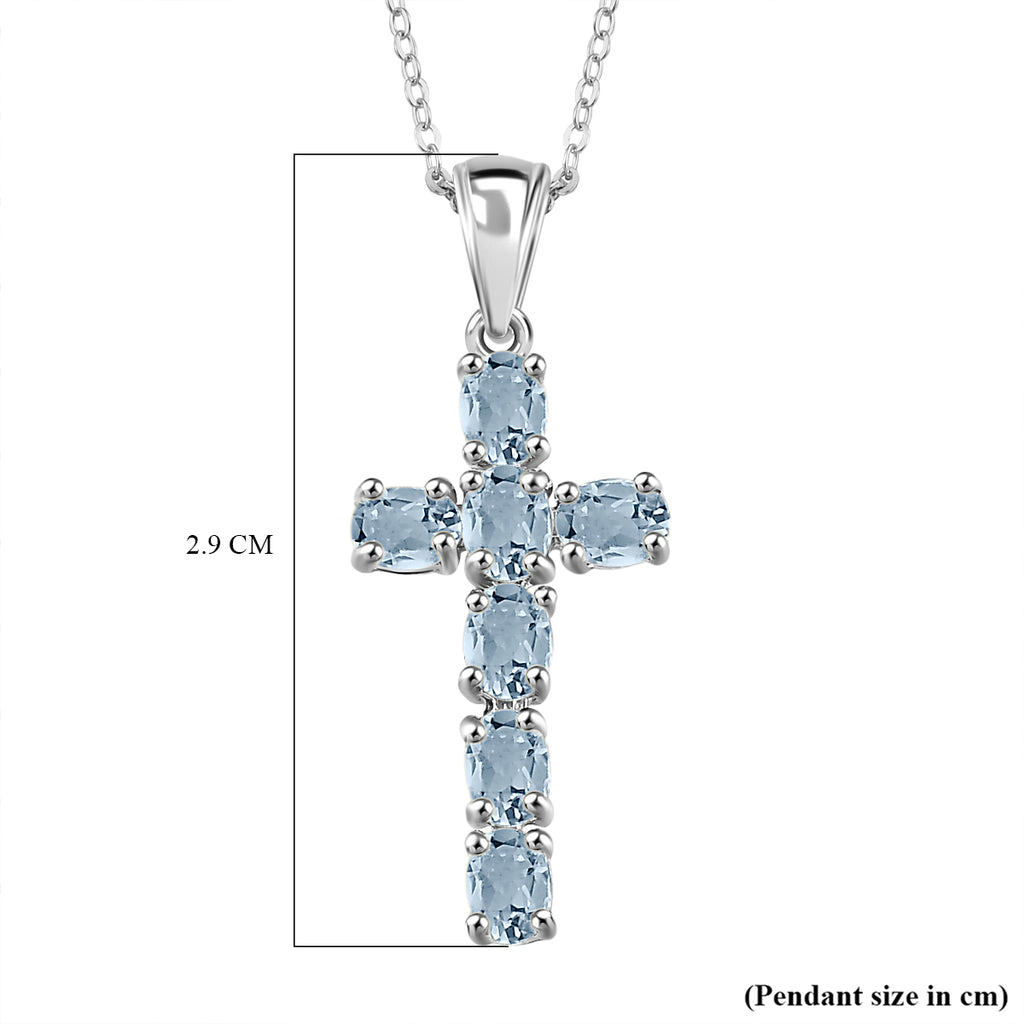 D'Joy - Aquamarine Cross Pendant with Chain (Size 20) in Platinum Overlay Sterling Silver_4267159_5