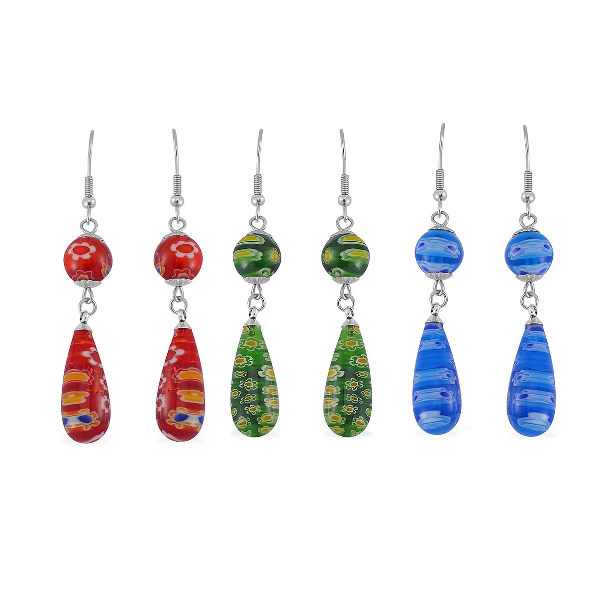 Set of 3 - Blue Green Red Colour Murano Style Earring Pure White Stainless Steel 0.030 Ct. 4268145 0