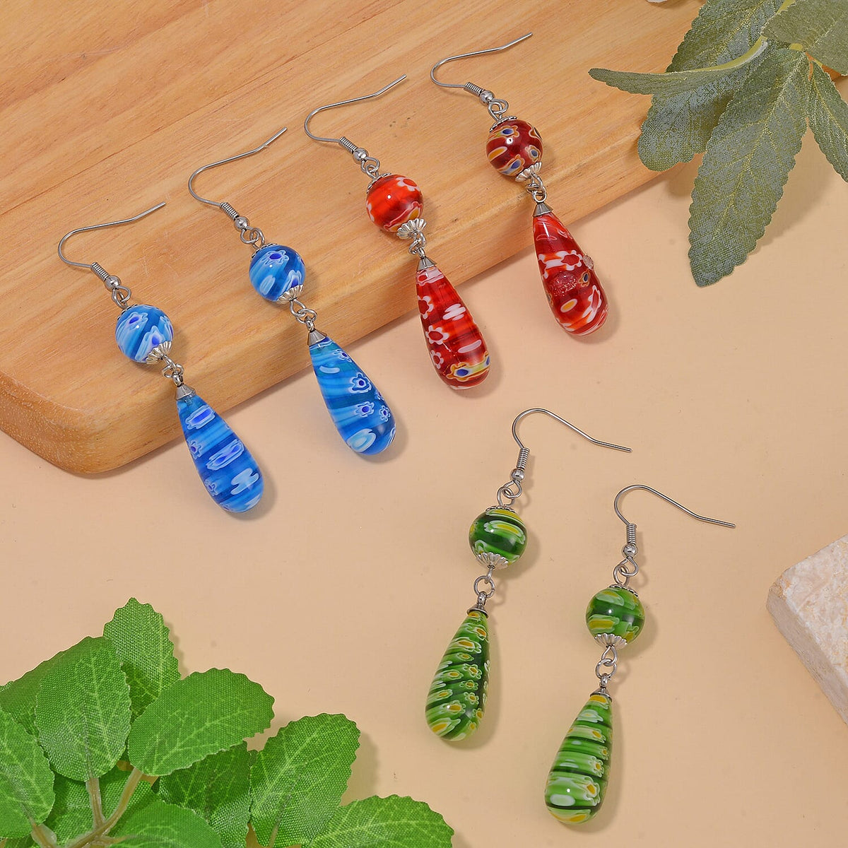 Set of 3 - Blue Green Red Colour Murano Style Earring Pure White Stainless Steel 0.030 Ct. 4268145 3